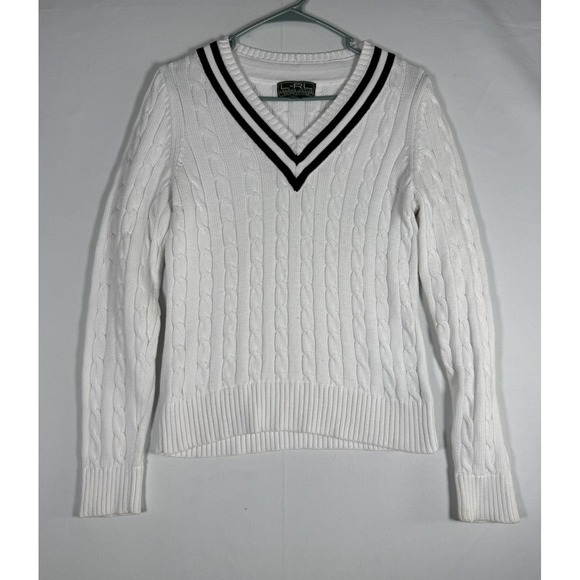Lauren Ralph Lauren Sweaters - VTG Lauren Ralph Lauren Cricket Sweater Large White Cable Knit V-Neck 90s Tennis